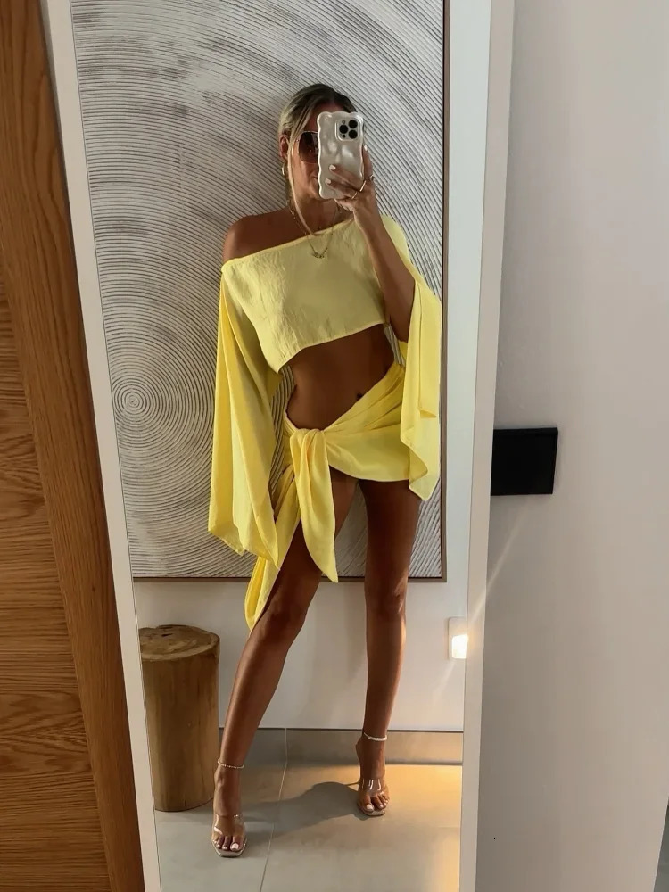 Sexy Backless Cotton Linen Knot Solid Skirt Set Women Crop Long Sleeve Top Mini Skirts Suits Lady 2 Piece Set Mini Skirt Suit 250206