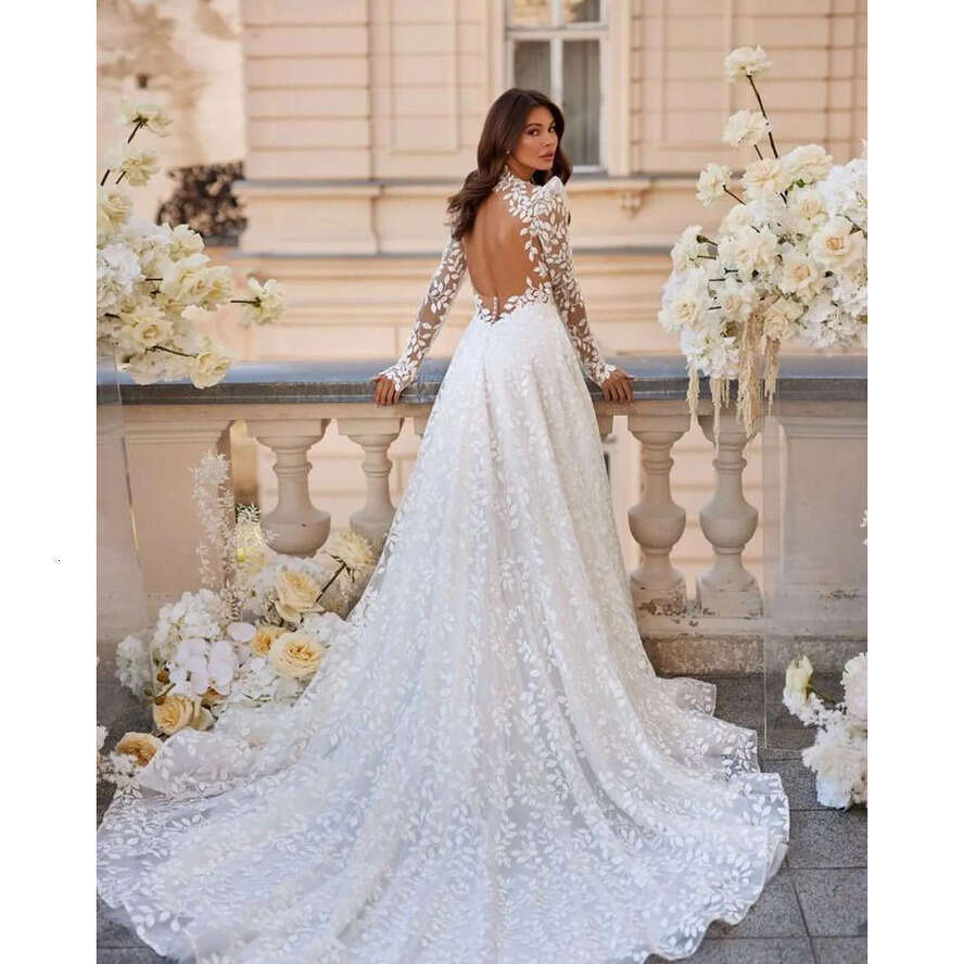 Leaf Gorgeous Lace Dresses Bridal Gowns Long Sleeves Boho Wedding Dress A E Backless Button Robe De Mariee