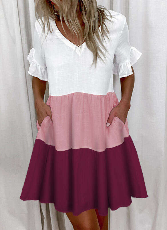2021 European and American women's short print ruffle pocket dress for women 2024 new casual versatile fashion clothing