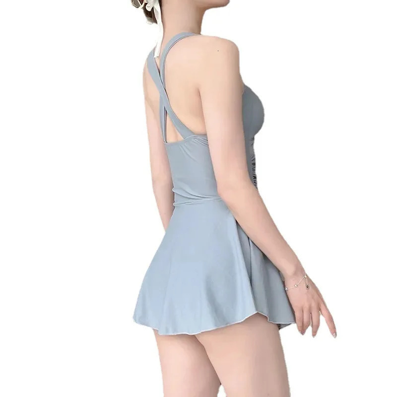 Swimming Suit for Women Solid Color Slimming One-piece Dress Style Conservative Waist Tightening Slimming Vacation Swimsuit 250207