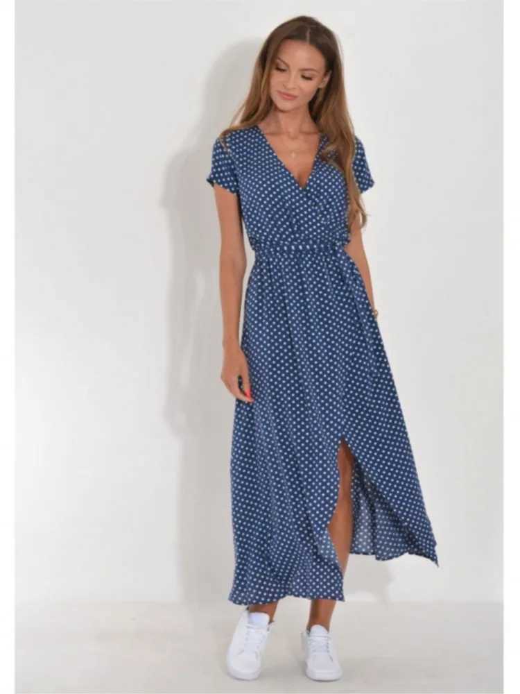 Women Floral Print Long Dresses Summer Sexy V Neck Split Lace-up Dress Fe Casual Ele Short Sve Beach Dress VestidosXJ2500207
