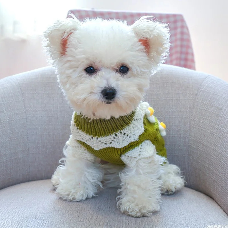 1PC Pet Apparel Dog Autumn and Winter Thickened Warm Green Pink 3D Flower Knitwear Pullover Sweater For Small Medium Dogs 250206