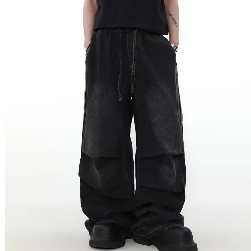 Ropa Y2K Fashion Elastic Waist Striped Pleated Baggy Jeans Pants For Men Clothes Washed Black Wide Leg Women Long Trousers 250113