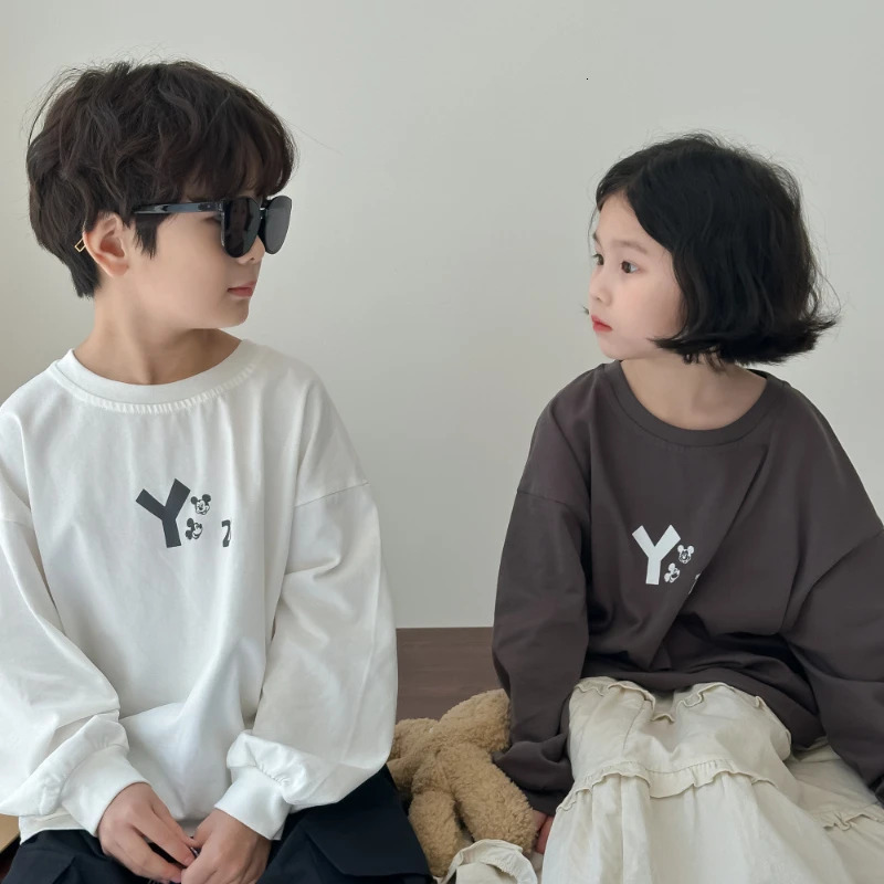T-Shirt Boys Girls Autumn Korean Cartoon Letter Printing Round Neck Leisure Base Comfortable Cotton Active 250207