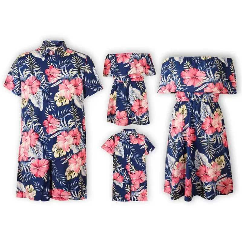 Family Set Flower Mommy and Me Clothes Off-Shoulder Mother Daughter Matching Dresses Hawaii Women Girls Outfits Summer 2024 W250207