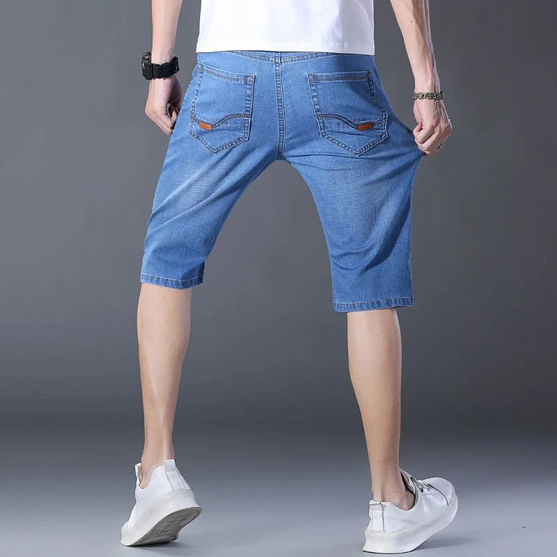 2024 Mens Casual Knee Length Denim Shorts Elastic Straight Cotton Street Jeans Fashion Solid Color 250207