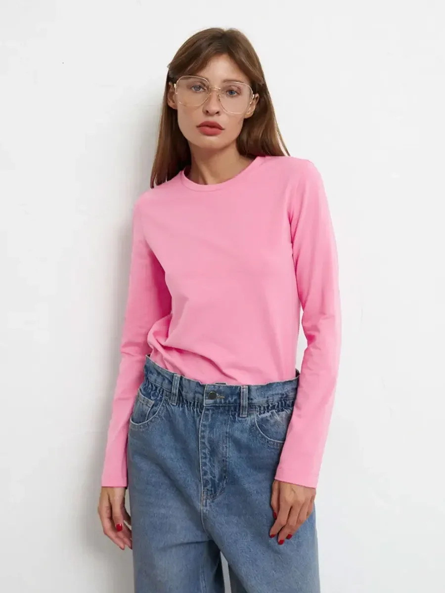 Wolfeel Womens Spring Autumn 100% Cotton T-shirt Bottoming Basic Solid Lady Long Sleeve Loose Tops Shirts Oversized T Shirt 250207