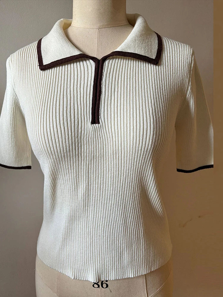 Casual Knitted Contrast Short Tops Women Elegant Laple Short Sleeve Female Polo Blouse 2025 Summer Fashion Chic Lady Outwears 250207