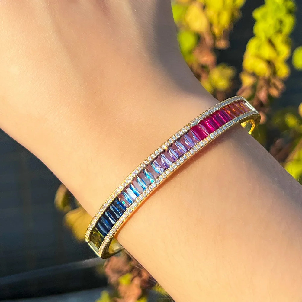 CWWZircons Unique Baguette Rainbow Cubic Zirconia Round Open Cuff Bangle for Women Trendy Brazilian Gold Plated Jewelry BG048 250207
