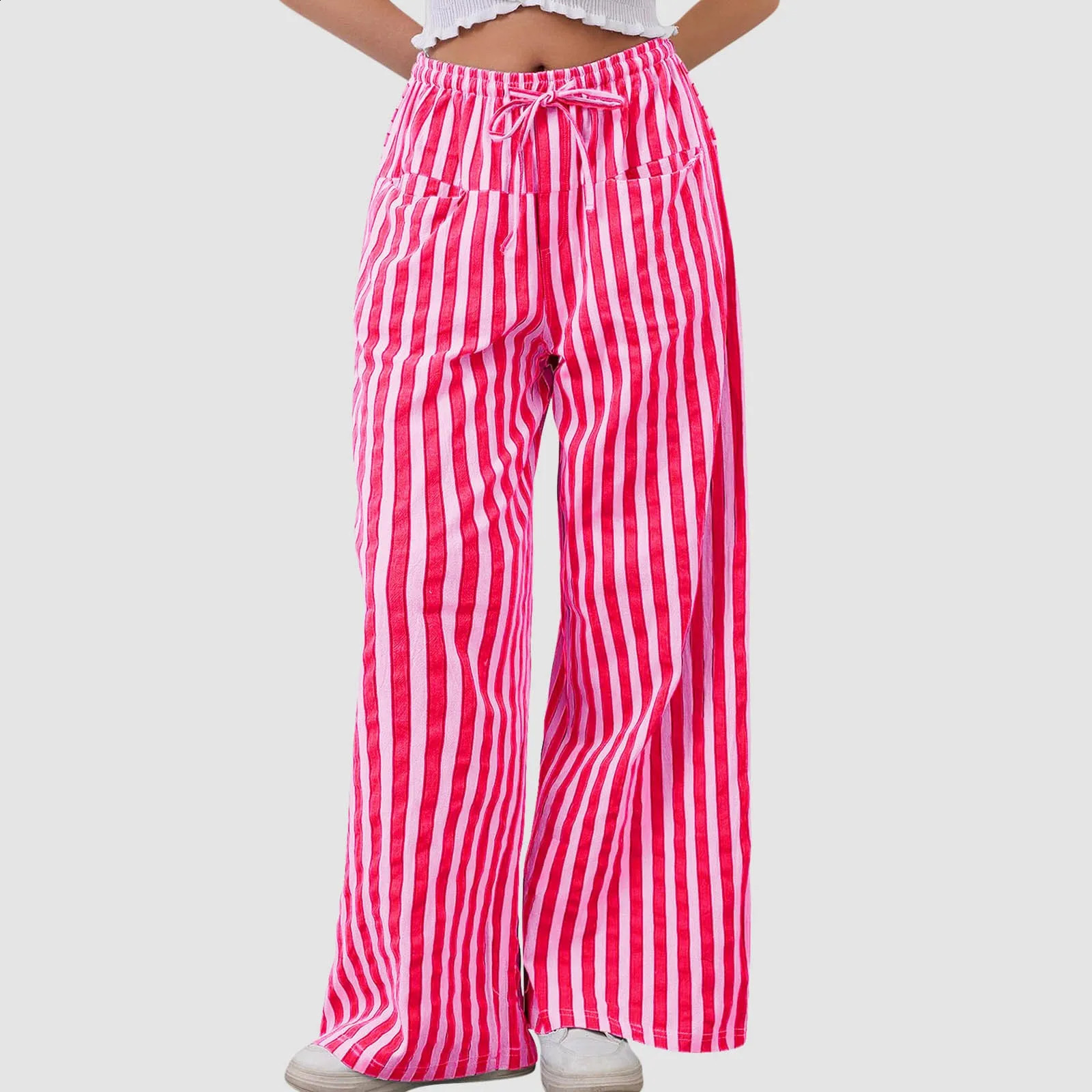 Striped Print Pants Vertical Wide Leg With Drawstring Pockets For Women Streetwear Trousers A Stylish Look 250206