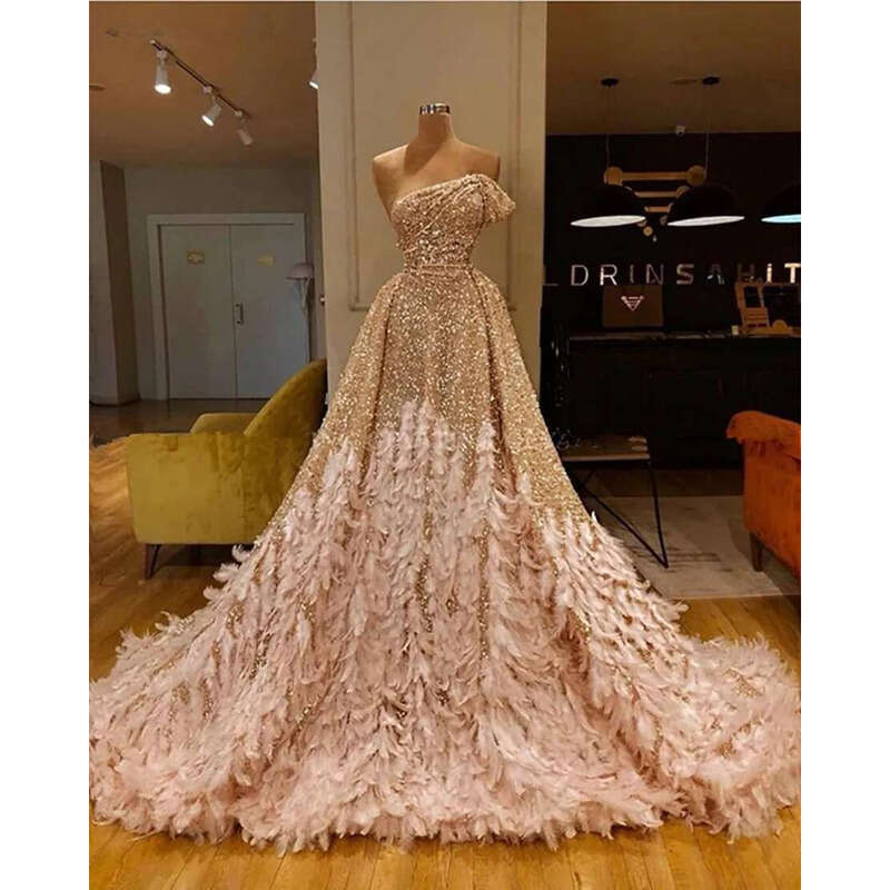 Glitter Gold Sequin Mermaid Feather African Prom Dresses Long Sleeve One Shoulder Evening Gown Plus Size Graduation Formal Dress