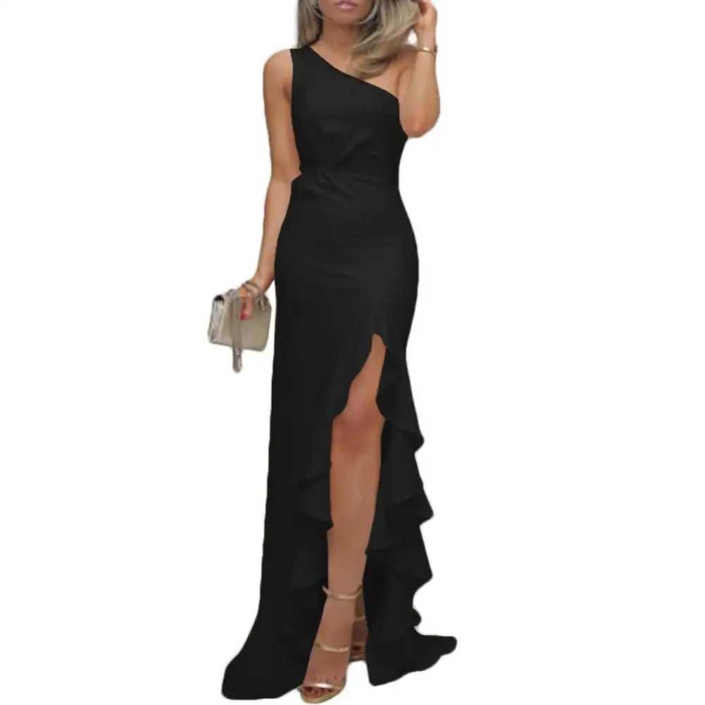 Women Sexy One Shoulder Ruffle Large Swing Slit Evening Party Dress Slim Maxi Dress Bodycon Dress Clubwear Womens dressesXJ2500207