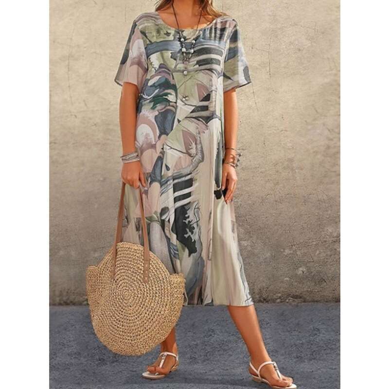 European and American printed dress summer short sleeved loose round neck wide skirt 2024 new casual fashion trend clothing