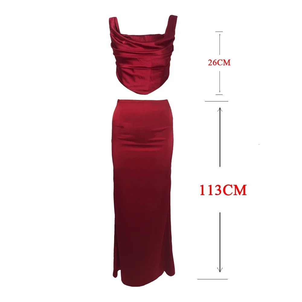 Suninheart Wine Christmas Dress Women Satin 2 Piece Dress Set Elegant Bodycon Corset Cropped Top and Long Skirt Women Clothing 250206