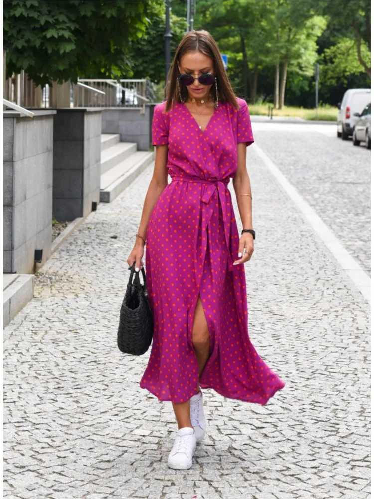 Women Floral Print Long Dresses Summer Sexy V Neck Split Lace-up Dress Fe Casual Ele Short Sve Beach Dress VestidosXJ2500207