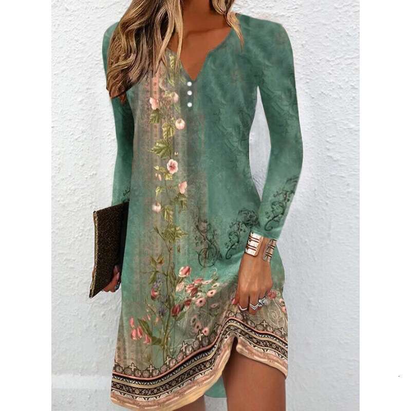hot autumn long sleeved V-neck button irregular dress for women's clothing, 2024 new style, chic and elegant clothing