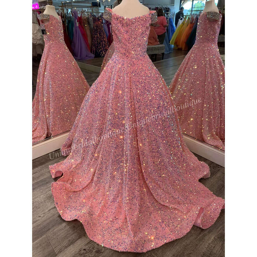 Iridescent Girl Pageant Dress 2023 Veet Sequin Beading Off-Shoulder Little Kid Birthday Formal Party Gown A-E Toddler Teens Preteen Or-Length Pink Ivo