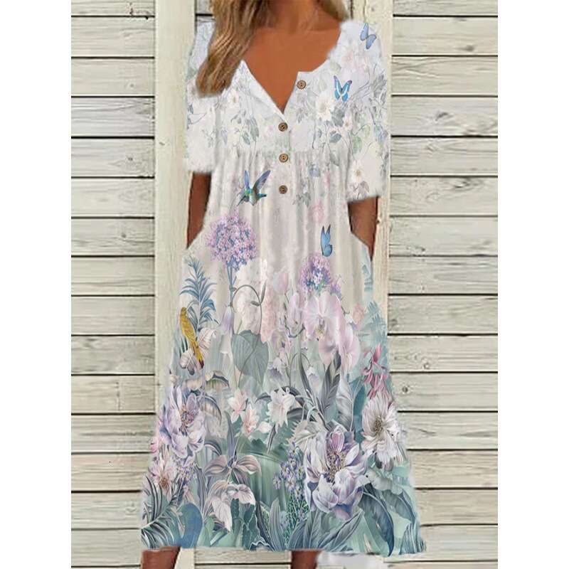 European and American Spring Popular Printed V-neck Button Short Sleeve for Women's Pocket Long Dress 2024 New Casual Fashion Trendy Clothing