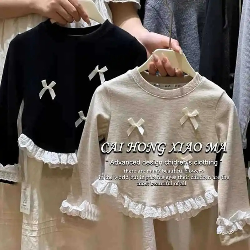 Korean Spring Autumn Kid Girls Long Sleeved T-shirt Lace Bottom Bow Splicing Children Girls Tops Solid Stretch Baby Girl Shirt 250207