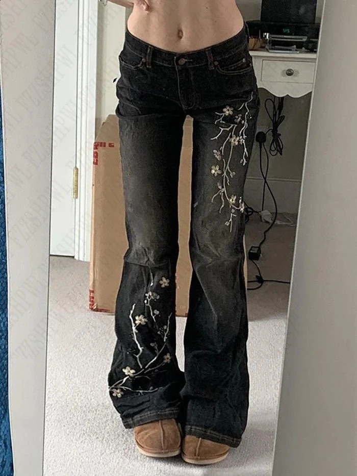 American 2000s Y2K Aesthetic Fashion Harajuku Vintage Casual Style Girl Streetwear Slim Fit Low Waist Flare Jean Trouser 250206