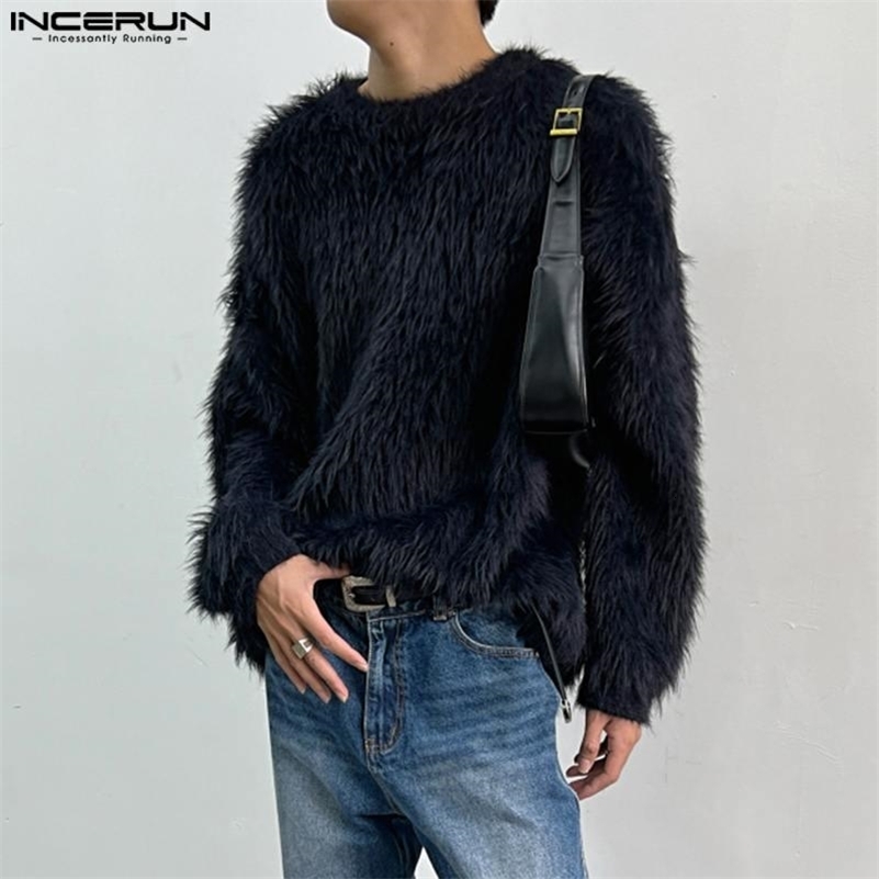 Men Pullovers Solid Color Plush O-neck Long Sleeve Fashion Casual Men Clothing Streetwear Autumn Sweaters S-5XL INCERUN 250206