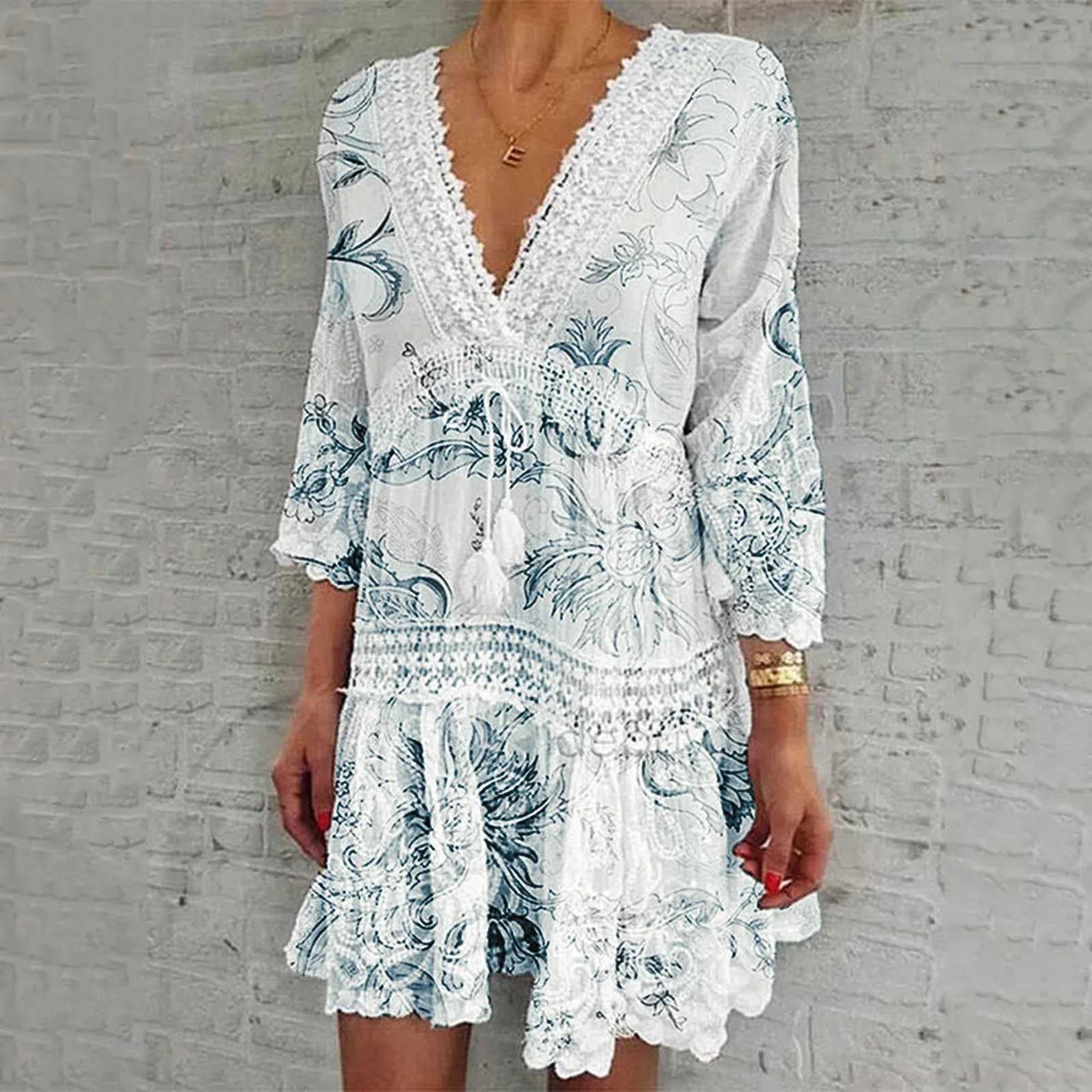 Dresses For Formal Occasions Womens Fashion V Neck Lace Jacquard Seven Quarter Sve Bohemian Floral Dress Sexy Beach SundressXJ2500207