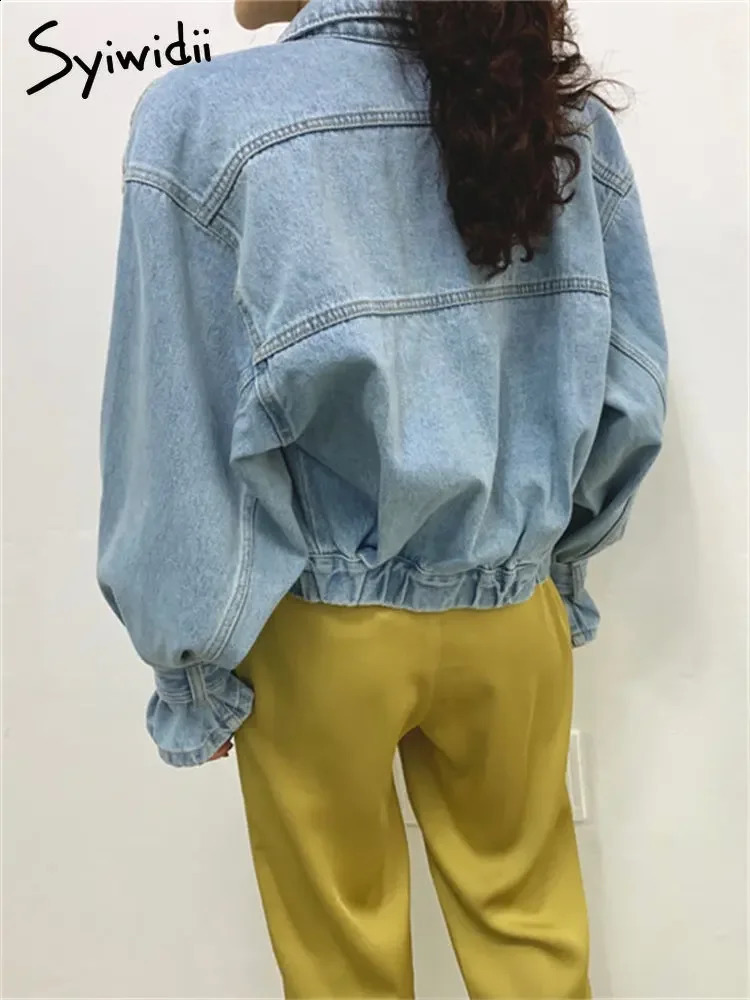 Syiwidii Denim Jacket for Women Loose Single Breasted Turn Down Collar Puff Sleeve Jean Jacket Vintage Korean Fashion Crop Coat 250121