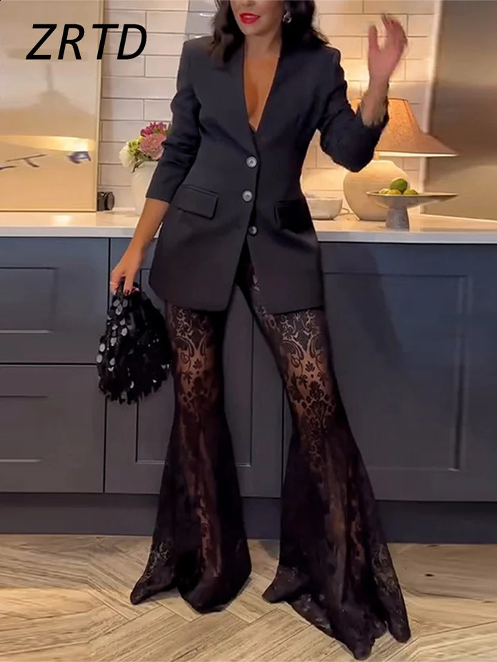 Elegant Blazer Jacquard Lace Pants Sets Women Slim Button Full Sleeve Suit Jacket Long Flare Trousers Lady Party Outfits 250206