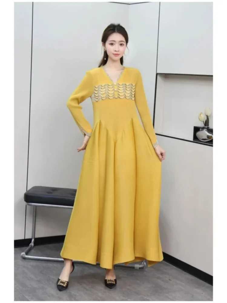 Pleated A Line Dresses For Women Evening Party Solid Full Sve V-neck Ele Lady New 2025 Spring Long Dress 2AN5190XJ2500207