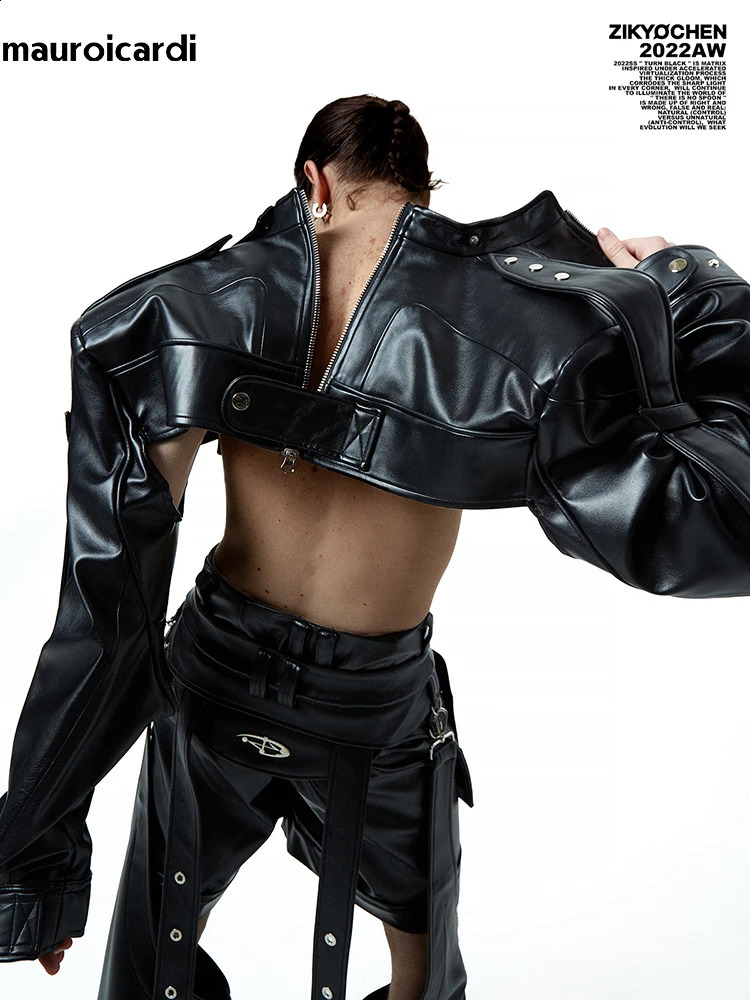 Mauroicardi Spring Autumn Cool Handsome Black Cropped Pu Leather Jacket Men Rivet Zip Up Runway Punk Style European Fashion 250206