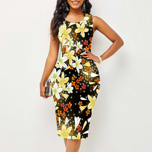 European American gathering round neck sleeveless fashionable printed multi-color dress, 2024 new style, chic and elegant clothing