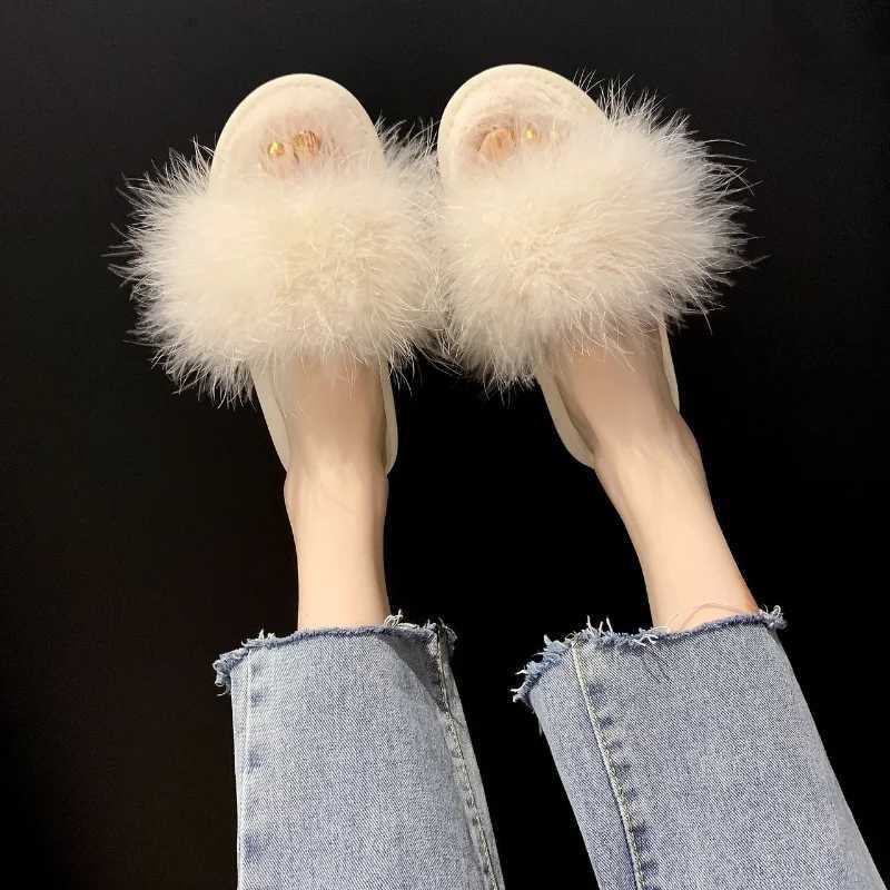Leisure Plush Slipper for Woman Womens Autumn Winter Ostrich Feather Slippers Footwear Lightweight Flats N-slip Home SlippersXJ250207