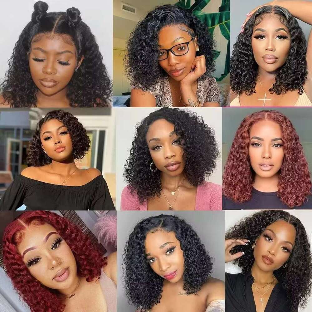 Wear Go Glueless Short Deep Human Hair Wigs Water Wave Frontal Kinky Curly Bob Transparent Lace Front Wig