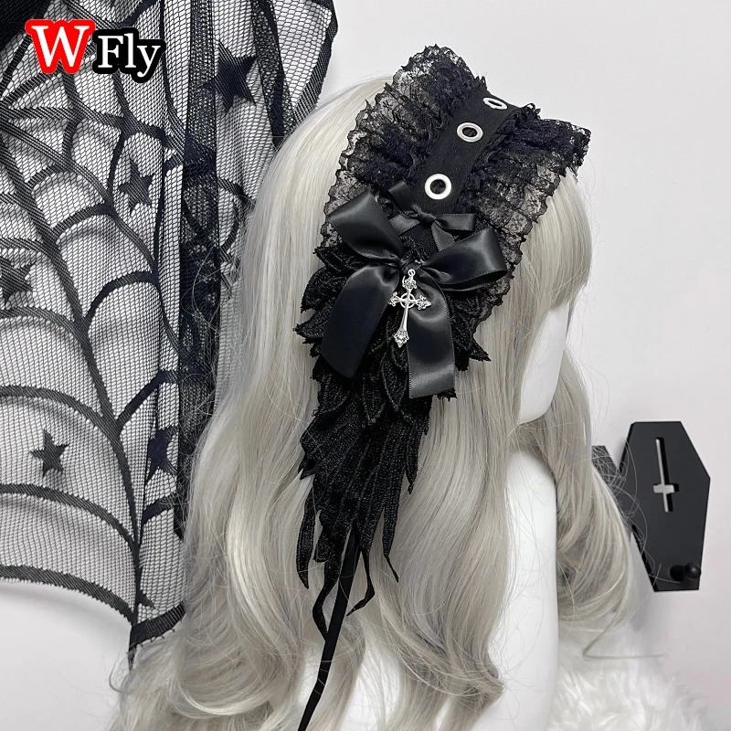Womens Harajuku Steampunk Y2K Wing Headwear Bow Headband Lolita Gothic Dark Angel Headwear and Hair Accessories 250207