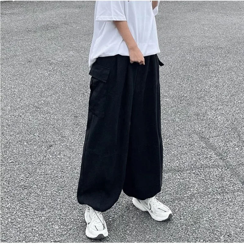 Loose Fashionable Mens Clothing Elastic Pockets Spring Autumn Trousers Cargo Wide Leg Solid Color High Waisted Cropped Pants 250206