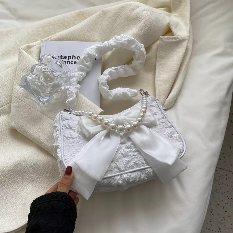 Pearl Female Bag Retro Designer Handbag Bow Crossbody Bags Fashion Canvas Women's Trend Shoulder Bag Purses Polyester Casual