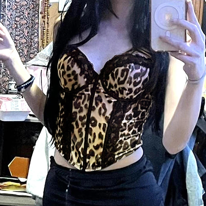 IAMTY Leopard Print Corset Womens Contrast Color Lace Patchwork Crop Tops Coquette Aesthetic Skinny Camisole Vintage Vest 250116