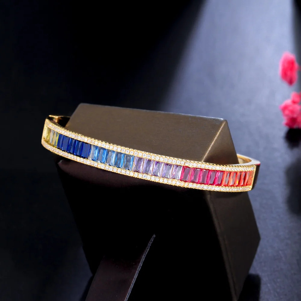 CWWZircons Unique Baguette Rainbow Cubic Zirconia Round Open Cuff Bangle for Women Trendy Brazilian Gold Plated Jewelry BG048 250207