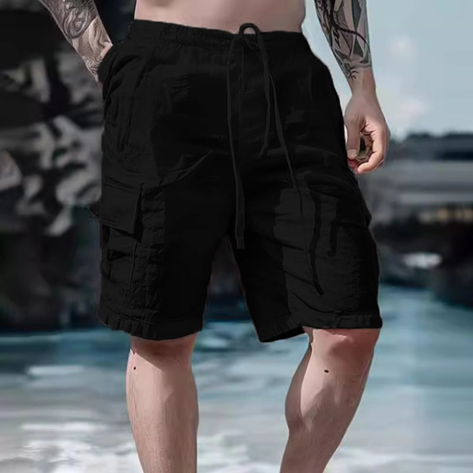 2025 Summer Fashion Loose White Work Pants Men's Handsome Casual Street Wear Beach Shorts Solid Color With Pocket Shorts Sports Pants