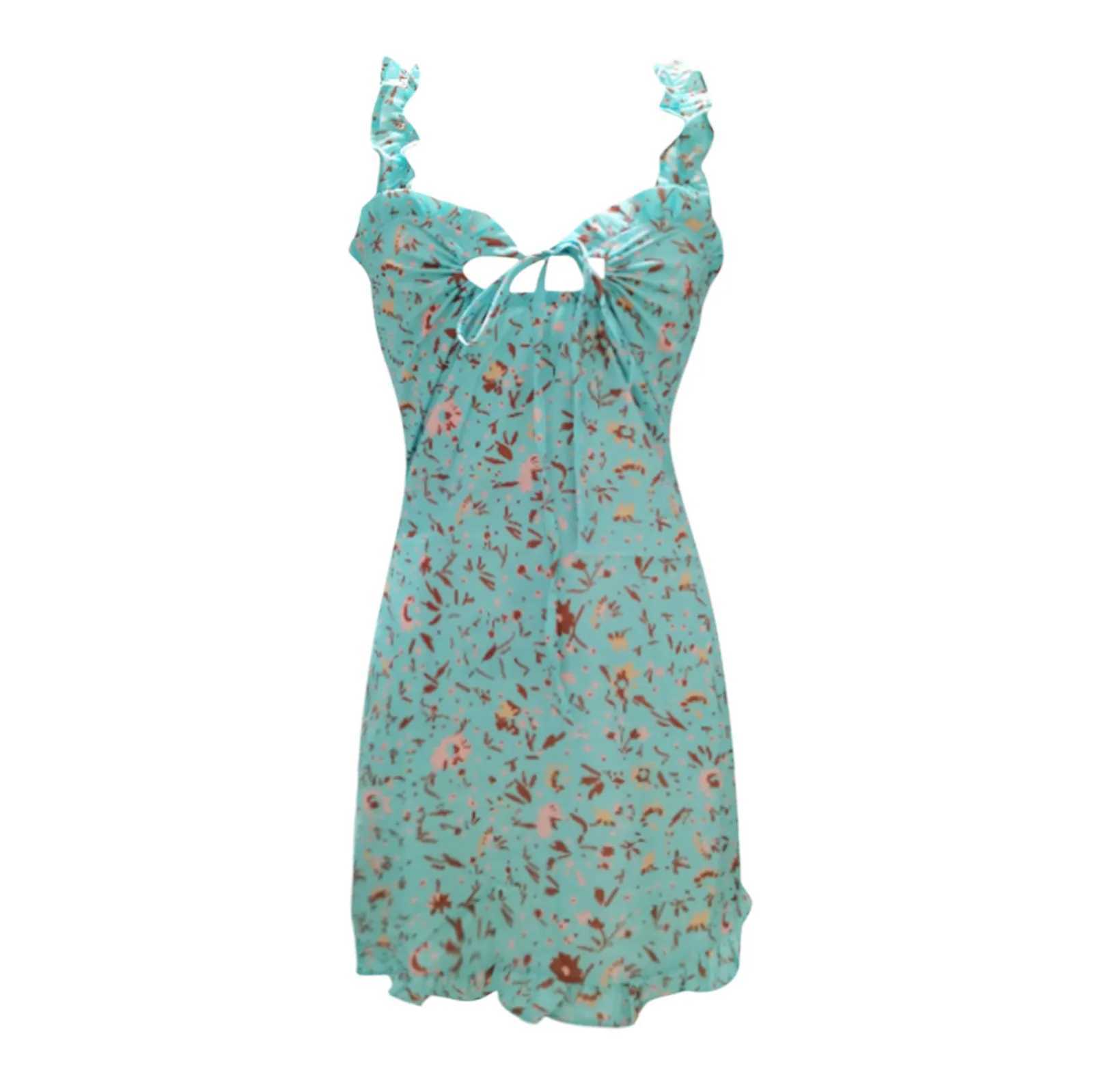 Sexy Floral Holiday Dress Fashion Lace Up Wrap Slim Beach Ruffles Sundress Summer Boho Backless Sveless Women Mini DressesXJ2500207