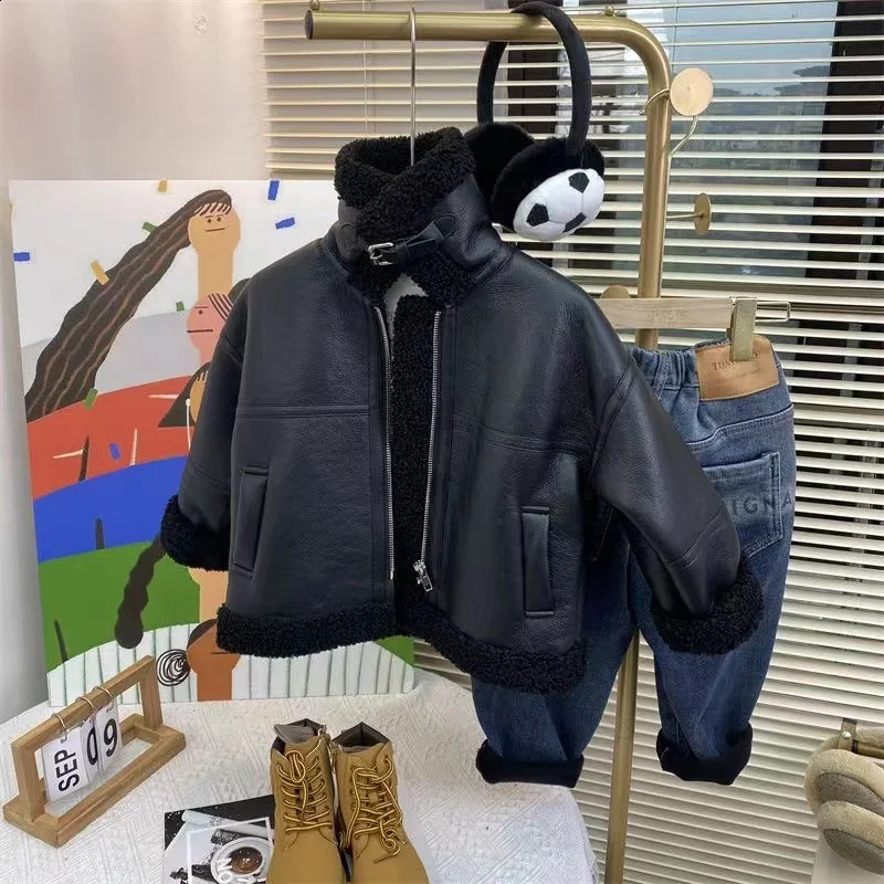 Boy Jackets Leather Fleece Thickness Kids Coats Fashion Children Outerwear Winter Autumn -A0122 250206