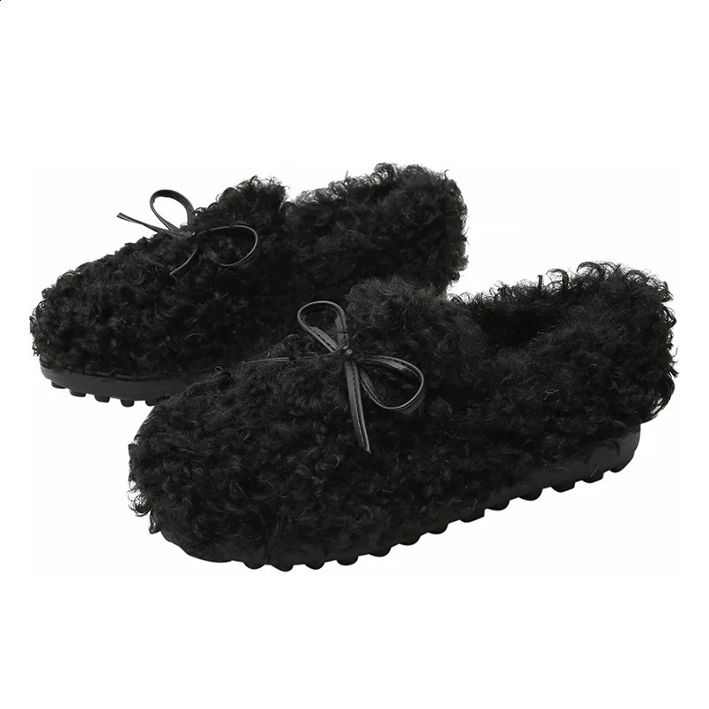Fuzzy Lambswool Moccasins Woman Bowtie Flats Winter Cotton Fur Lined Shoes Ladies Curly Wool Loafers Femmes Shearling Boots 250206