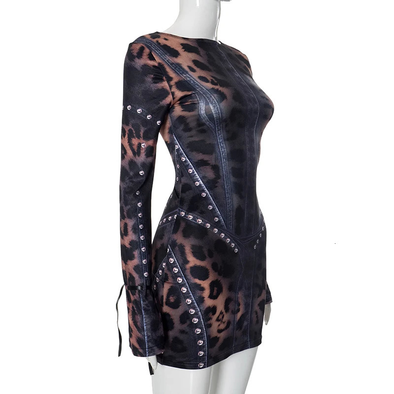 CUTENOVA 2024 Autumn And Winter Womens Fashion Leopard Print Slim Flared LongSleeved Package Hip Short Skirt Dresses Y2K 250206