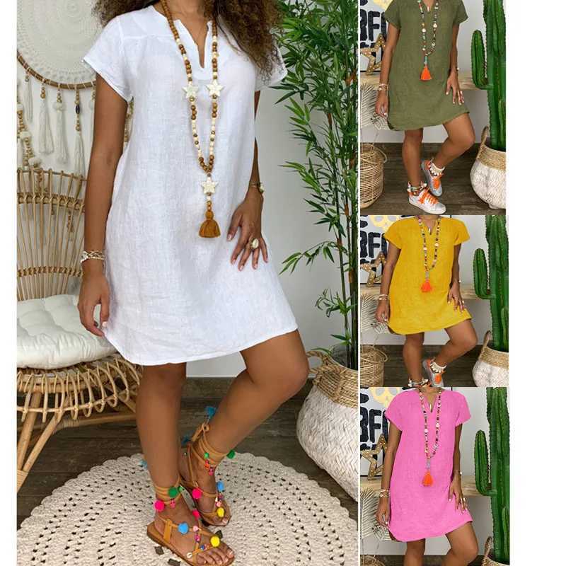 Summer loose solid color short sved V-neck cotton linen dress Womens stock dressXJ2500207