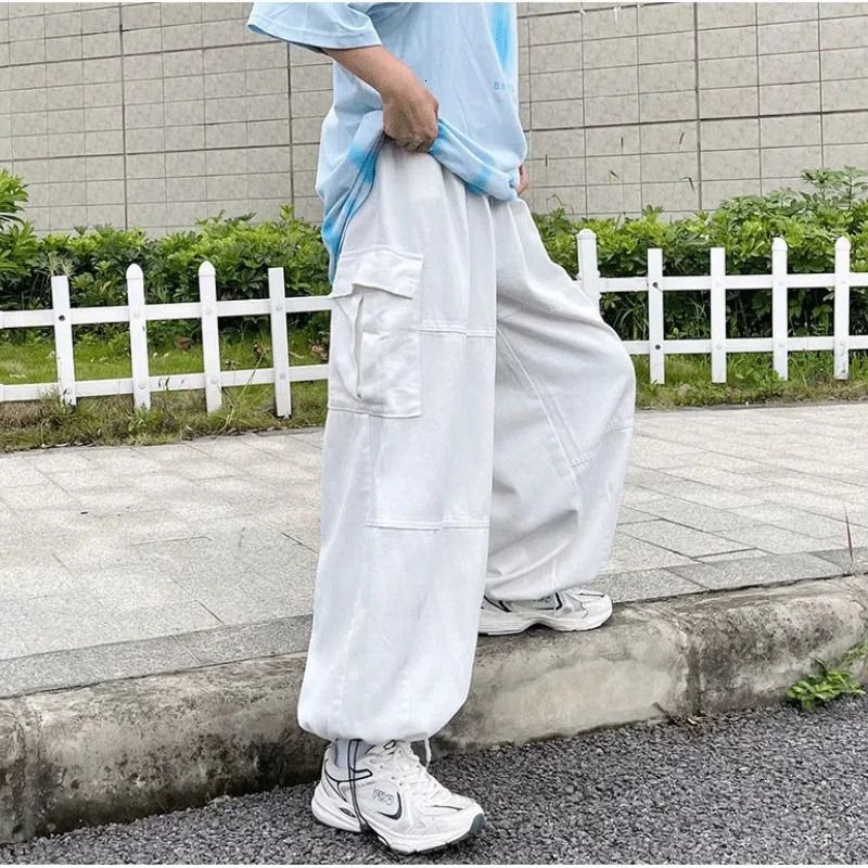 Loose Fashionable Mens Clothing Elastic Pockets Spring Autumn Trousers Cargo Wide Leg Solid Color High Waisted Cropped Pants 250206