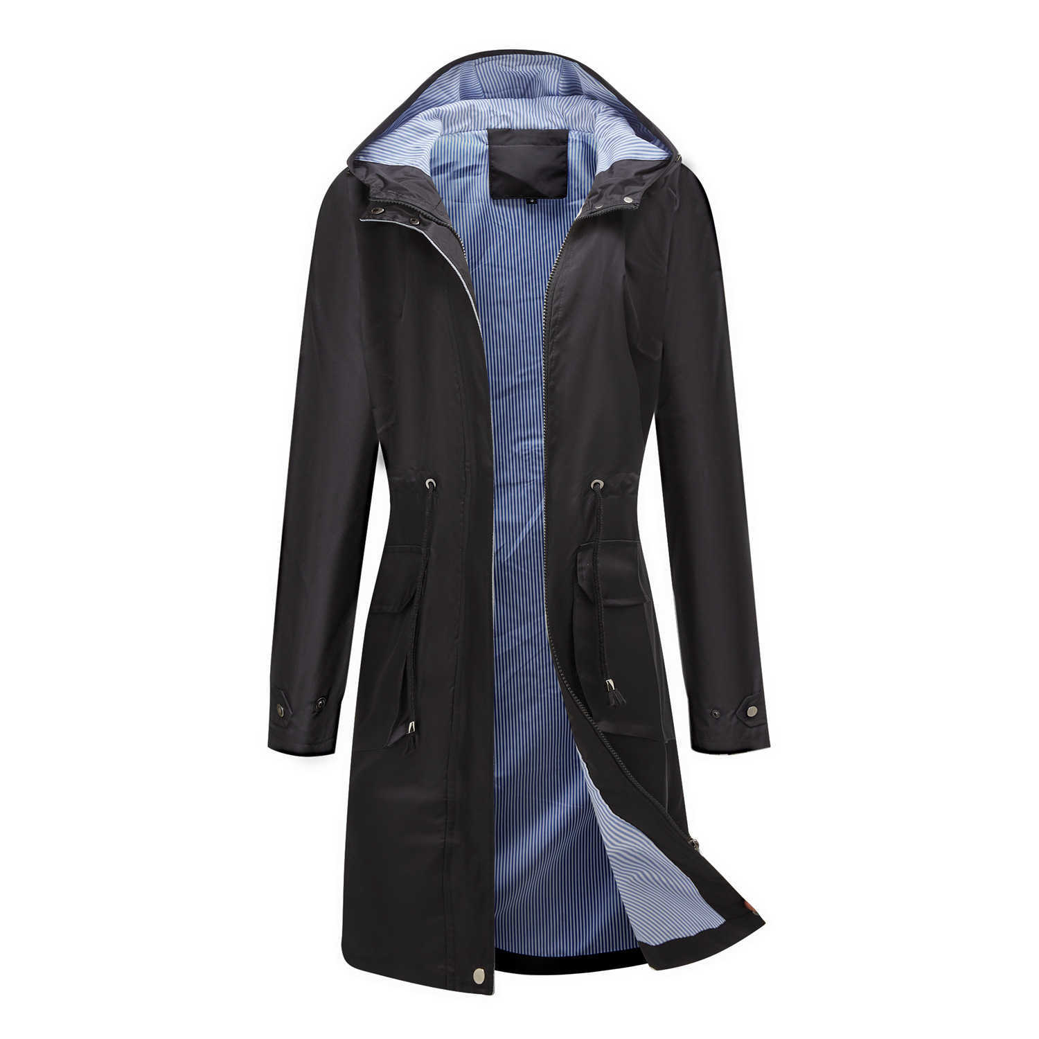 European Spring Autumn Long Casual Windbreaker WoMens Splash-proof Hooded Solid Color Striped Lining Straight Jacket Womens Long Trench Coat Womens Ja
