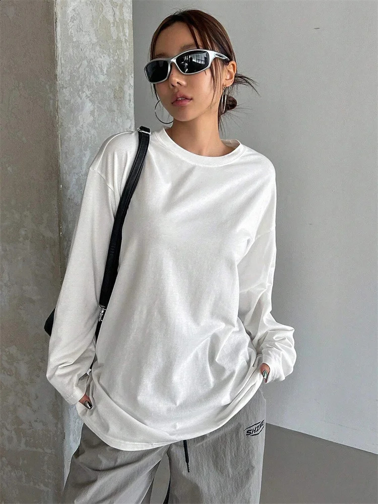 Women Basic Long Sleeve Loose Oneck Tshirt Autumn Winter Solid Color Tee Top Streetwear 250114Z