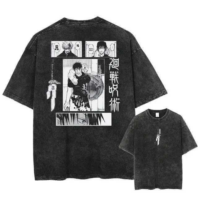 Japanese Anime Jujutsu Kaisen Print Vintage Washed Tshirt Harajuku Streetwear Graphic T-Shirt Summer Short Sleeve Cotton TshirtT250207