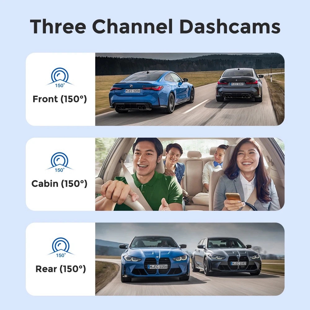 WIFI 4 Inch Touch Screen 1080P 3 Lens Car DVR Video Recorder Dash Cam Smart G-Sensor 170 Degree Wide Angle Ultra Resolution Front with Interior Rear C