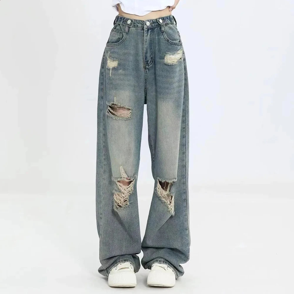 American Retro Holepunched Jean High Waist Straigrotch Loose Slim n Highstreet Vibe Widelegged Dragging Pants 250206
